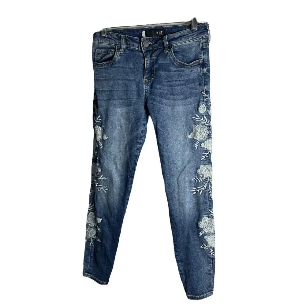 KUT From the Kloth Skinny Ankle Jeans Women’s 2 Floral Embroidered Medium Wash - Picture 1 of 11